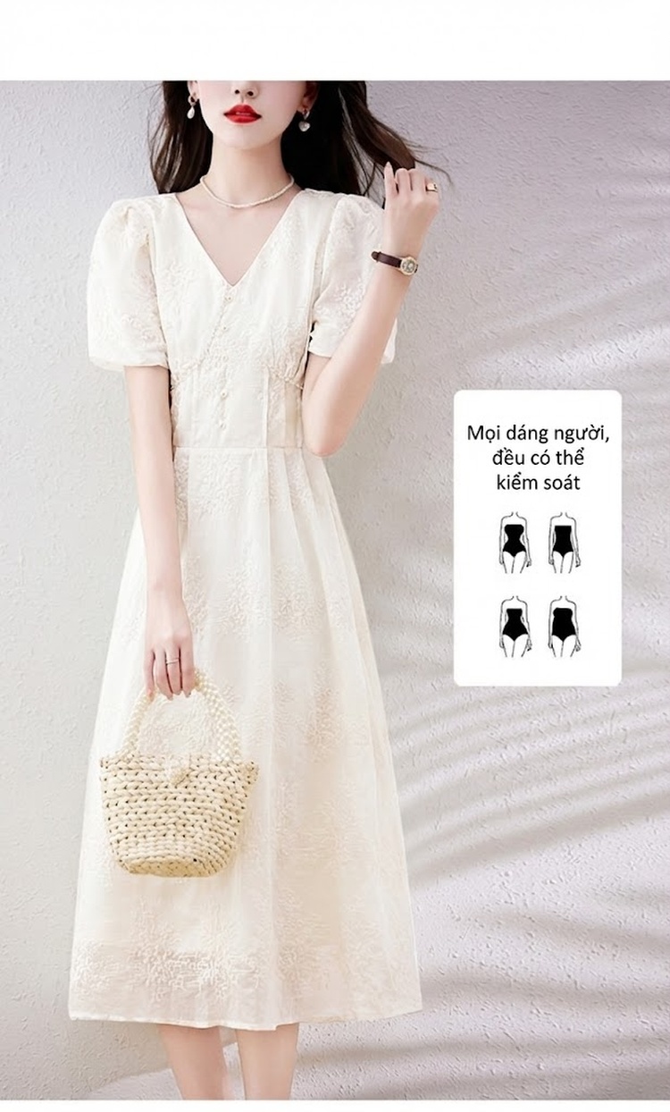 Váy liền thân Nữ Tay Bồng Cổ chữ V Thêu Hoa Eo Cao dáng chữ A Màu Trắng Kem chi tiết 6