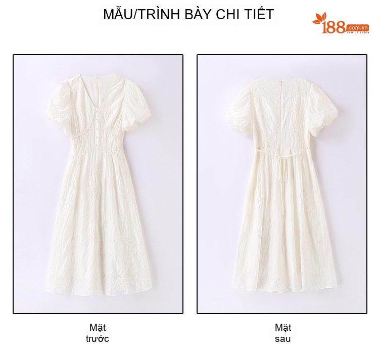 Váy liền thân Nữ Tay Bồng Cổ chữ V Thêu Hoa Eo Cao dáng chữ A Màu Trắng Kem chi tiết 25