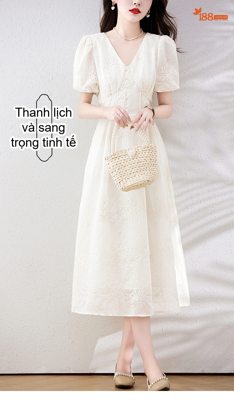 Váy liền thân Nữ Tay Bồng Cổ chữ V Thêu Hoa Eo Cao dáng chữ A Màu Trắng Kem chi tiết 1