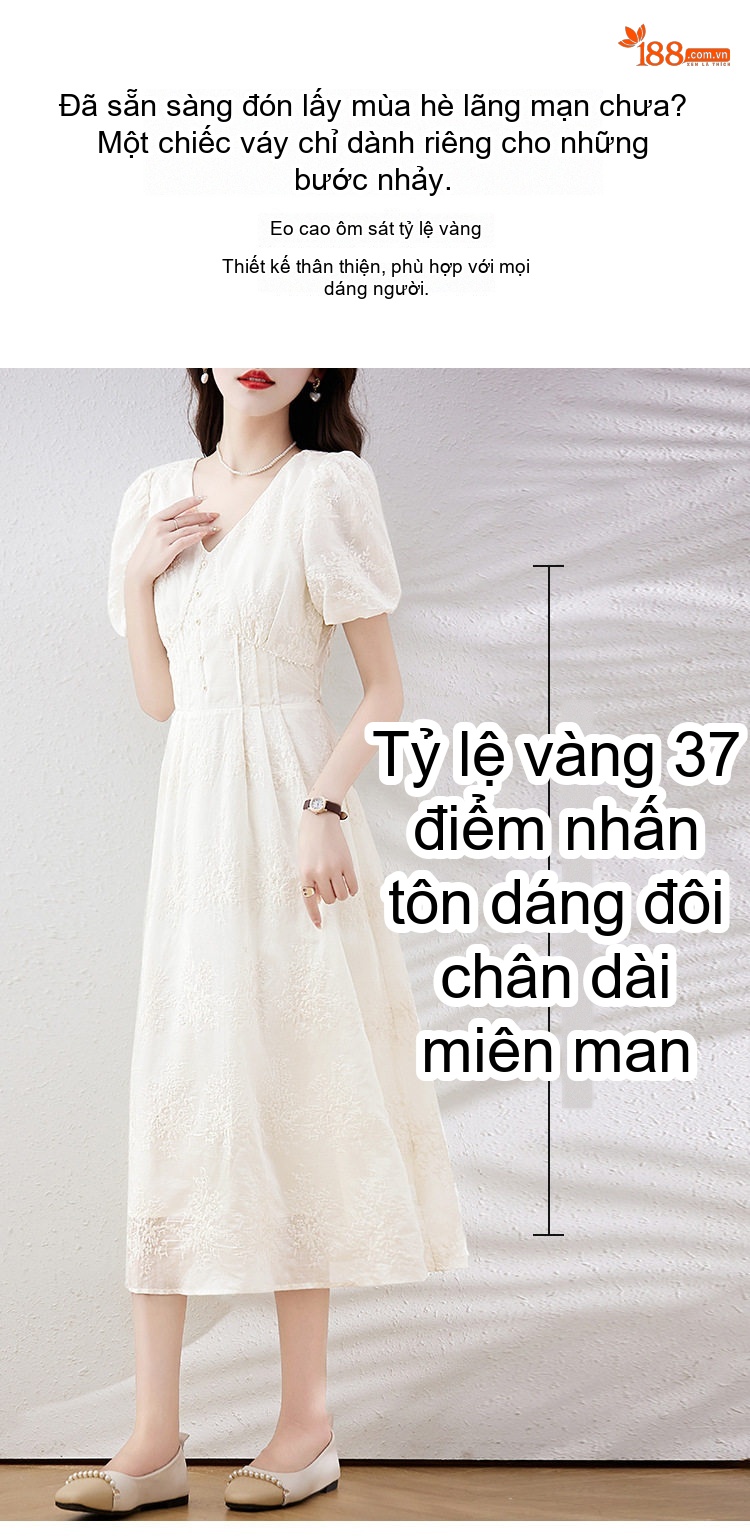 Váy liền thân Nữ Tay Bồng Cổ chữ V Thêu Hoa Eo Cao dáng chữ A Màu Trắng Kem chi tiết 4
