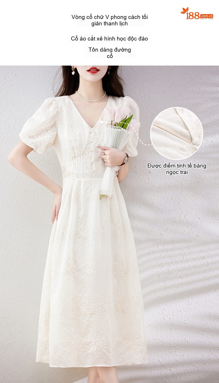 Váy liền thân Nữ Tay Bồng Cổ chữ V Thêu Hoa Eo Cao dáng chữ A Màu Trắng Kem chi tiết 5