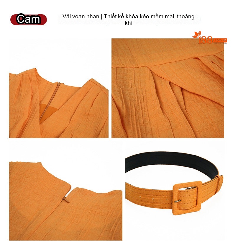Váy Liền Thân Nữ Tay Bồng Cổ chữ V Wrap eo dáng ôm công sở Màu Trắng, Cam chi tiết 4
