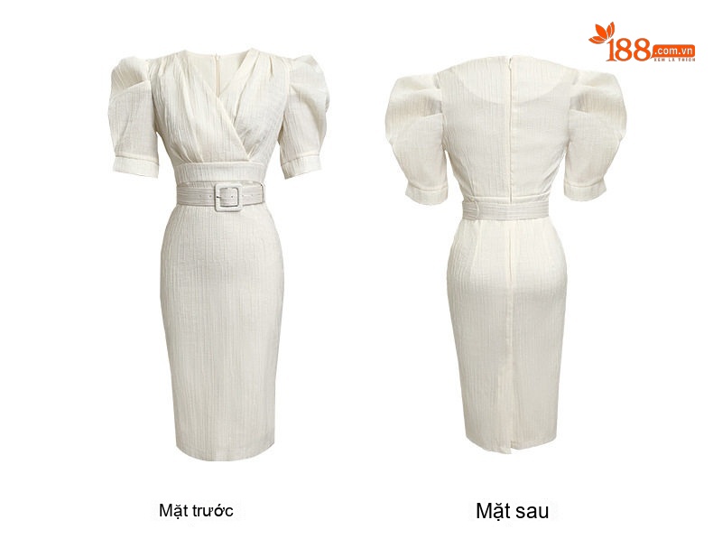 Váy Liền Thân Nữ Tay Bồng Cổ chữ V Wrap eo dáng ôm công sở Màu Trắng, Cam chi tiết 6