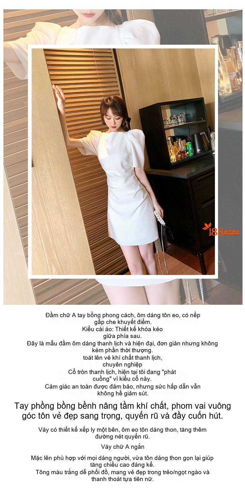 Váy liền thân Nữ Tay Bồng Cổ Trễ Vai Dáng Ôm A Màu Trắng chi tiết 1