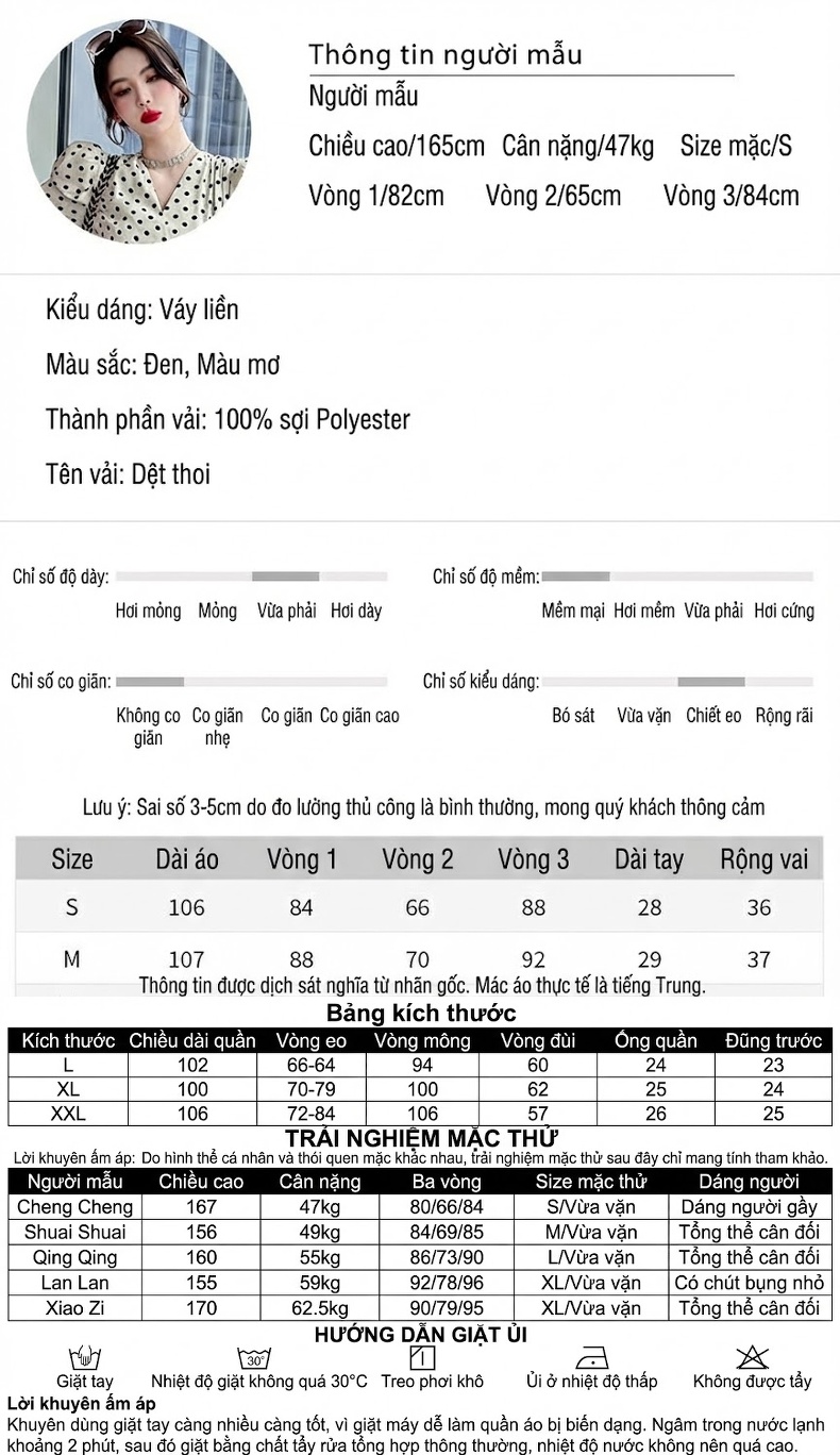Váy liền thân Nữ Tay Bồng Công Sở Dáng Ôm Họa Tiết Chấm Bi Màu Đen, Trắng chi tiết 2