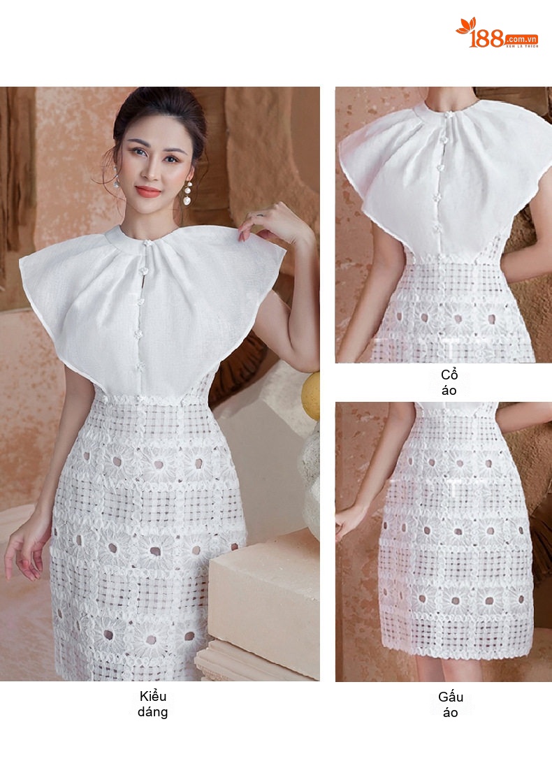 Váy liền thân Nữ Tay Bồng Không Tay Thiết Kế Lưới Ren Khoét Lỗ Màu Trắng chi tiết 4