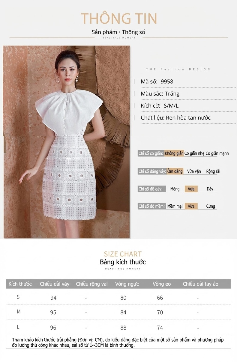 Váy liền thân Nữ Tay Bồng Không Tay Thiết Kế Lưới Ren Khoét Lỗ Màu Trắng chi tiết 1