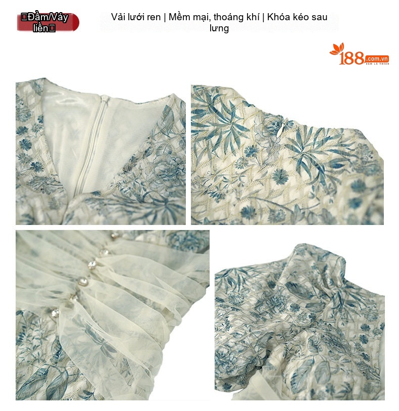 Váy liền thân Nữ Tay Bồng Phong Cách Cổ Điển, Eo Ôm, In Hoa, Ren Màu Xanh Lam chi tiết 3