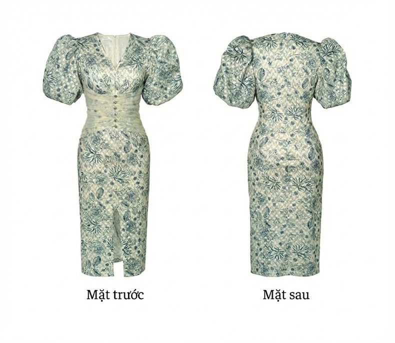 Váy liền thân Nữ Tay Bồng Phong Cách Cổ Điển, Eo Ôm, In Hoa, Ren Màu Xanh Lam chi tiết 4