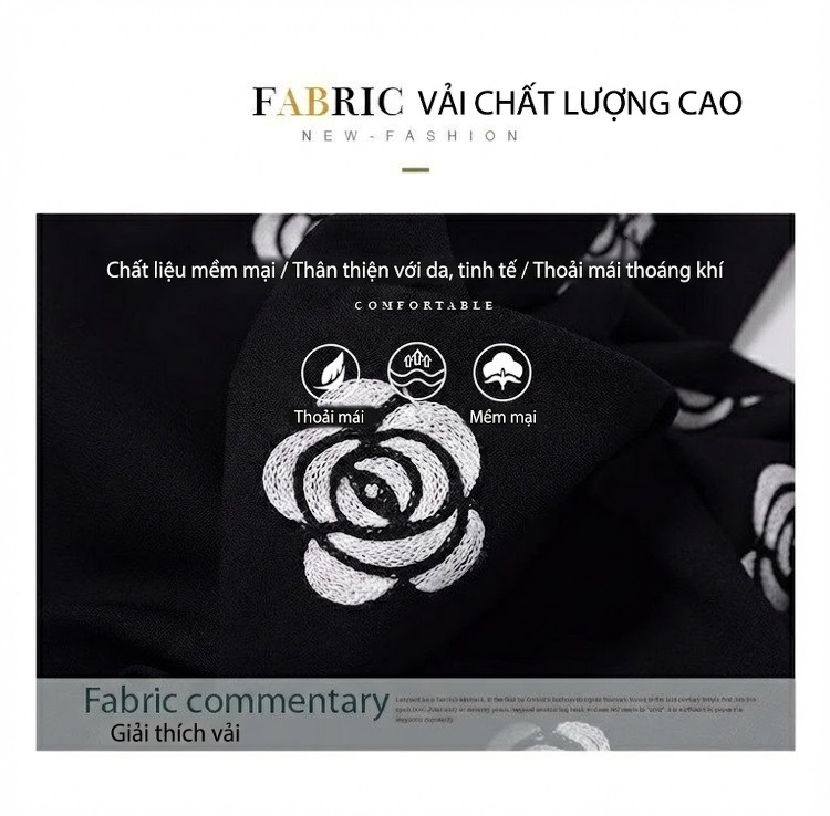Váy liền thân Nữ Tay Bồng Thắt Eo Họa Tiết Hoa Nhí Màu Đen chi tiết 3