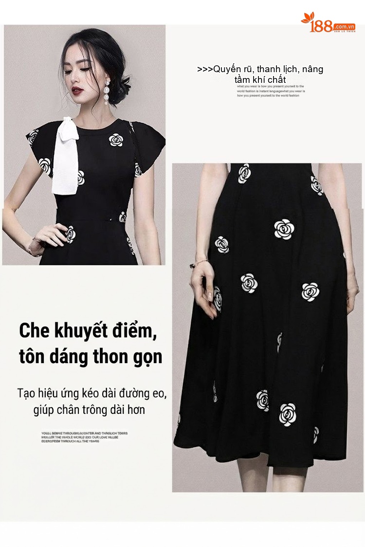 Váy liền thân Nữ Tay Bồng Thắt Eo Họa Tiết Hoa Nhí Màu Đen chi tiết 2