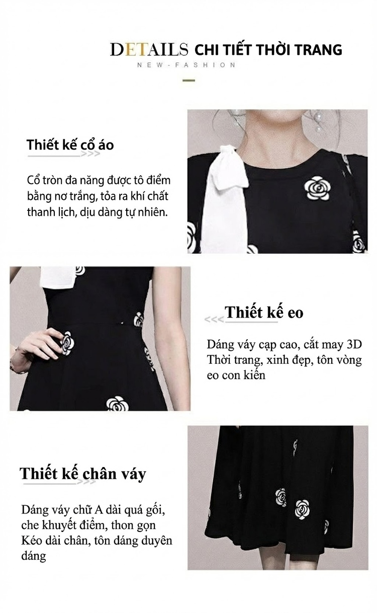 Váy liền thân Nữ Tay Bồng Thắt Eo Họa Tiết Hoa Nhí Màu Đen chi tiết 4