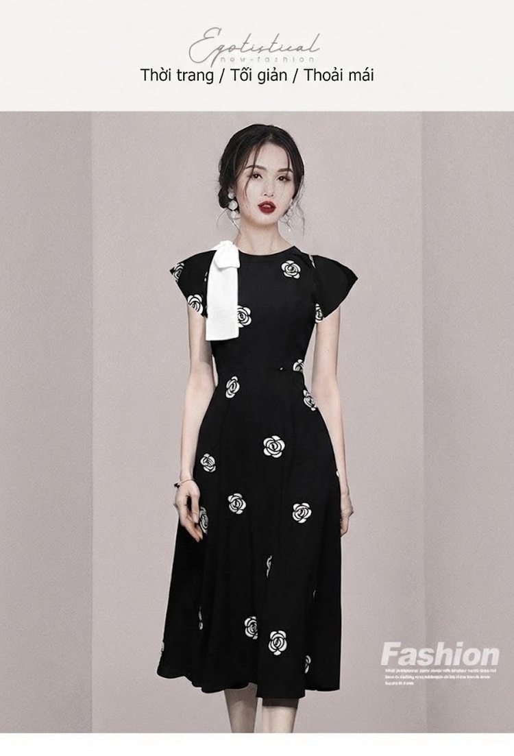 Váy liền thân Nữ Tay Bồng Thắt Eo Họa Tiết Hoa Nhí Màu Đen chi tiết 1