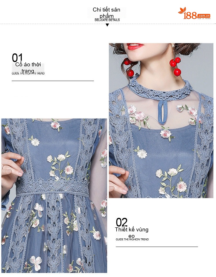 Váy liền thân Nữ Tay Dài Cổ Trụ Lưới Thêu Hoa Eo Ôm Dáng Xòe Màu Xanh chi tiết 7