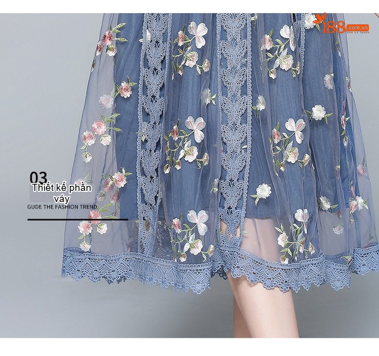 Váy liền thân Nữ Tay Dài Cổ Trụ Lưới Thêu Hoa Eo Ôm Dáng Xòe Màu Xanh chi tiết 8