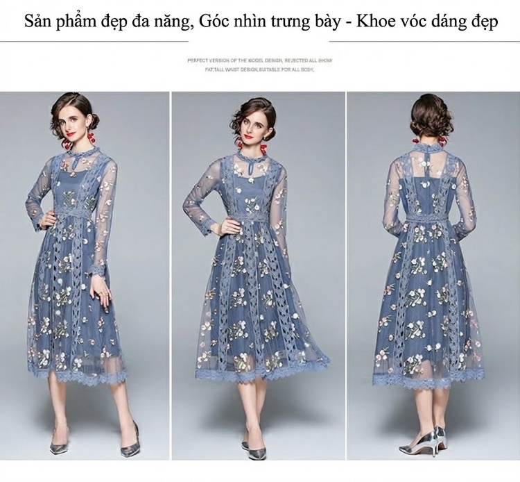 Váy liền thân Nữ Tay Dài Cổ Trụ Lưới Thêu Hoa Eo Ôm Dáng Xòe Màu Xanh chi tiết 9