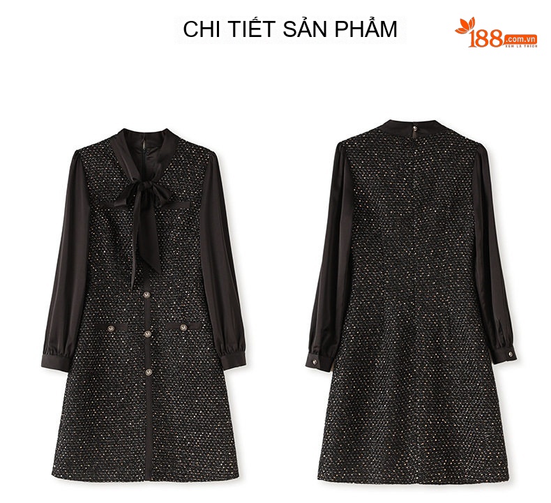 Váy liền thân Nữ Tay Dài Phong Cách Hepburn Dáng Chữ A Chiều Dài Ngang Gối Màu Đen, Trắng chi tiết 17