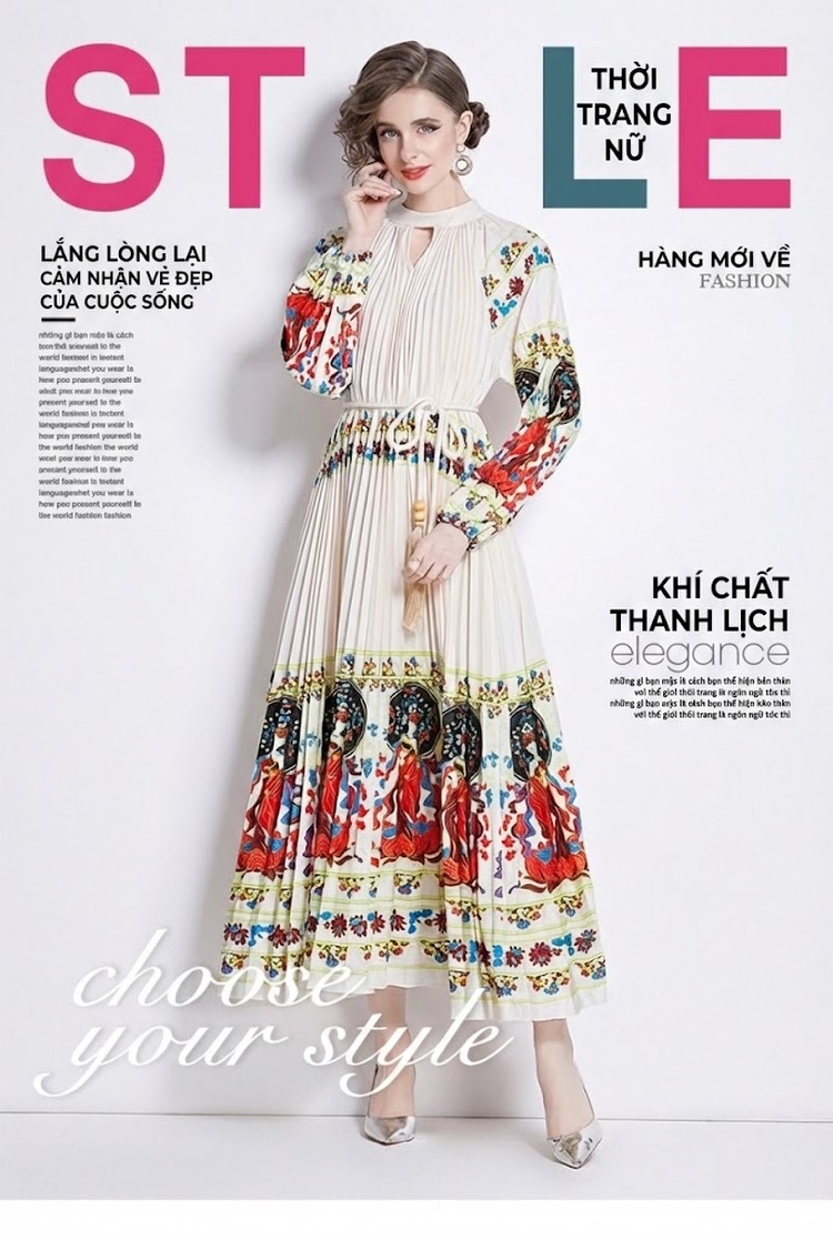 Váy liền thân Nữ Tay Lồng Đèn Xếp Ly Họa Tiết Thắt Eo Màu Trắng Kem chi tiết 1