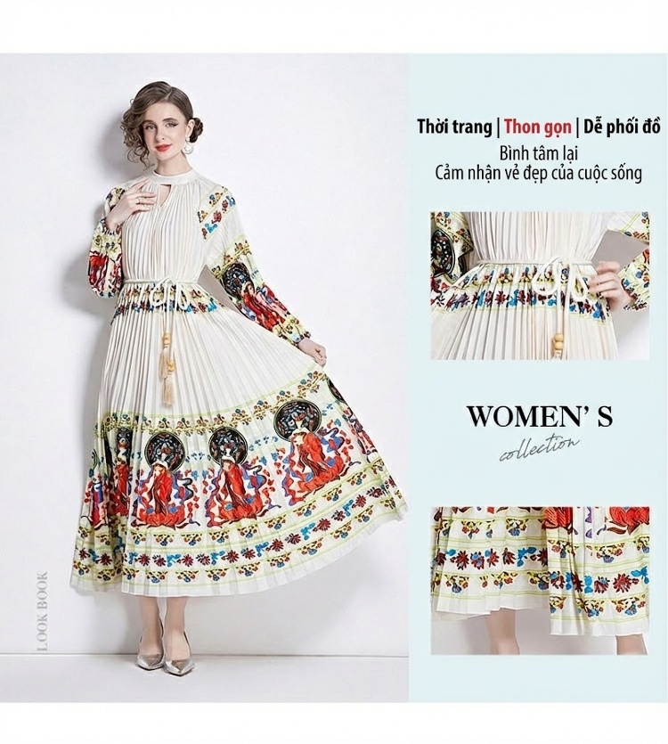 Váy liền thân Nữ Tay Lồng Đèn Xếp Ly Họa Tiết Thắt Eo Màu Trắng Kem chi tiết 4