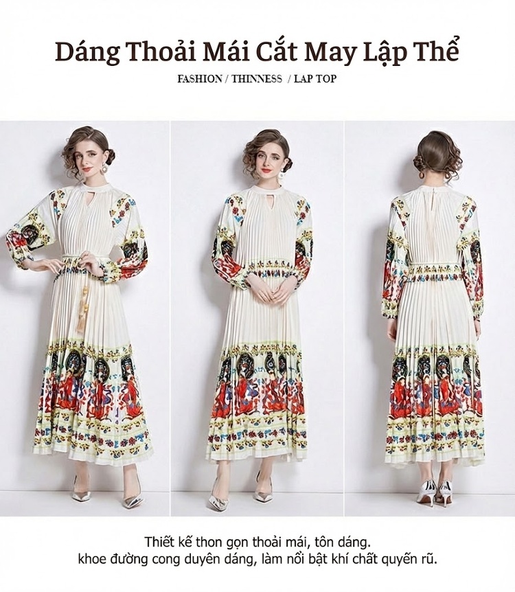 Váy liền thân Nữ Tay Lồng Đèn Xếp Ly Họa Tiết Thắt Eo Màu Trắng Kem chi tiết 7