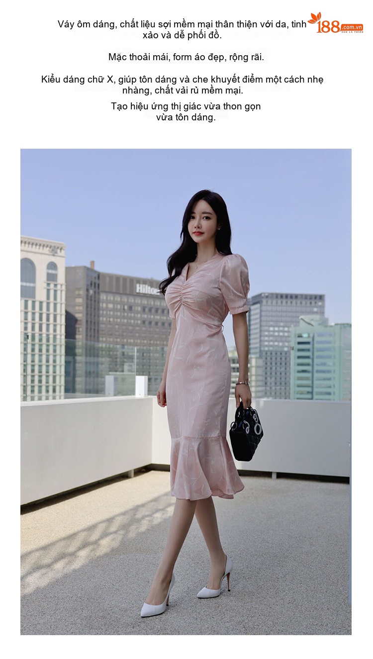 Váy liền thân Nữ Tay Ngắn Cổ chữ V Xếp Ly Eo Cao In Họa Tiết Dáng Ôm đuôi Cá Màu Hồng chi tiết 2