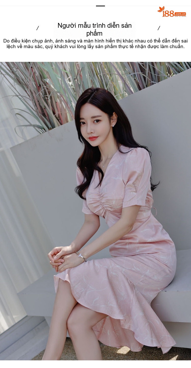 Váy liền thân Nữ Tay Ngắn Cổ chữ V Xếp Ly Eo Cao In Họa Tiết Dáng Ôm đuôi Cá Màu Hồng chi tiết 6