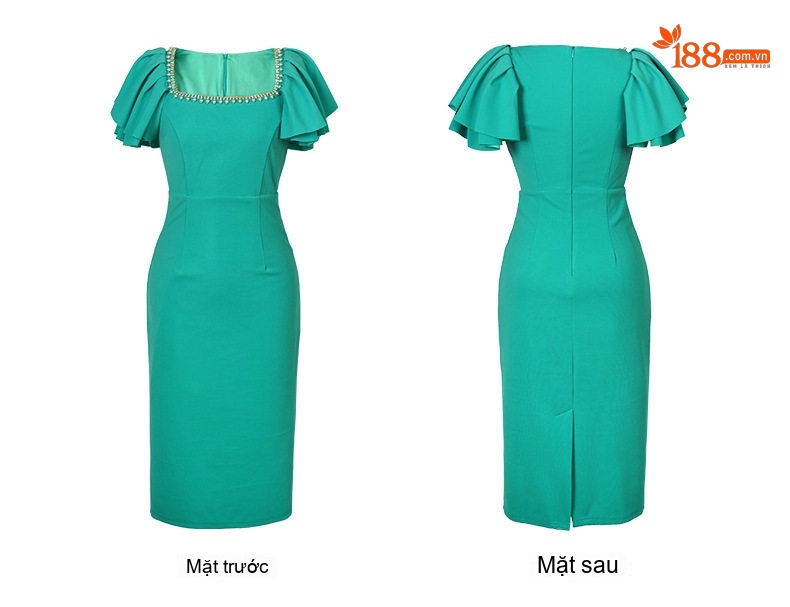 Váy liền thân Nữ Tay Ngắn Cổ chữ Vuông Đính Hạt Kiểu Dáng Ôm Eo Màu Vàng, Xanh chi tiết 6