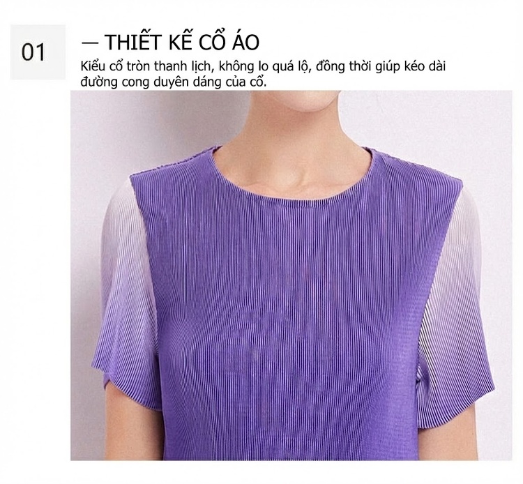 Váy liền thân Nữ Tay Ngắn Cổ Tròn Họa Tiết Ombre Xếp Ly Eo Thon Màu Tím, Trắng chi tiết 15