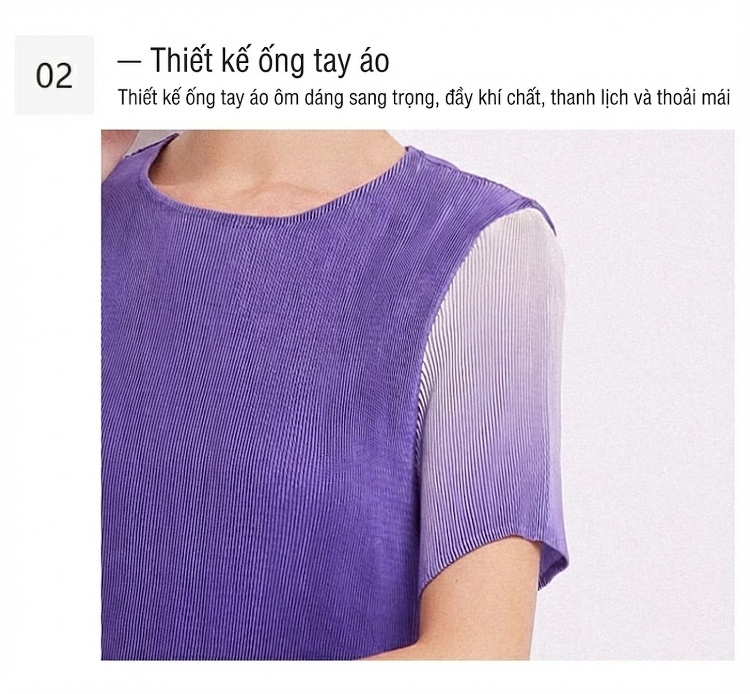 Váy liền thân Nữ Tay Ngắn Cổ Tròn Họa Tiết Ombre Xếp Ly Eo Thon Màu Tím, Trắng chi tiết 16