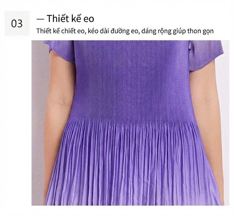 Váy liền thân Nữ Tay Ngắn Cổ Tròn Họa Tiết Ombre Xếp Ly Eo Thon Màu Tím, Trắng chi tiết 17