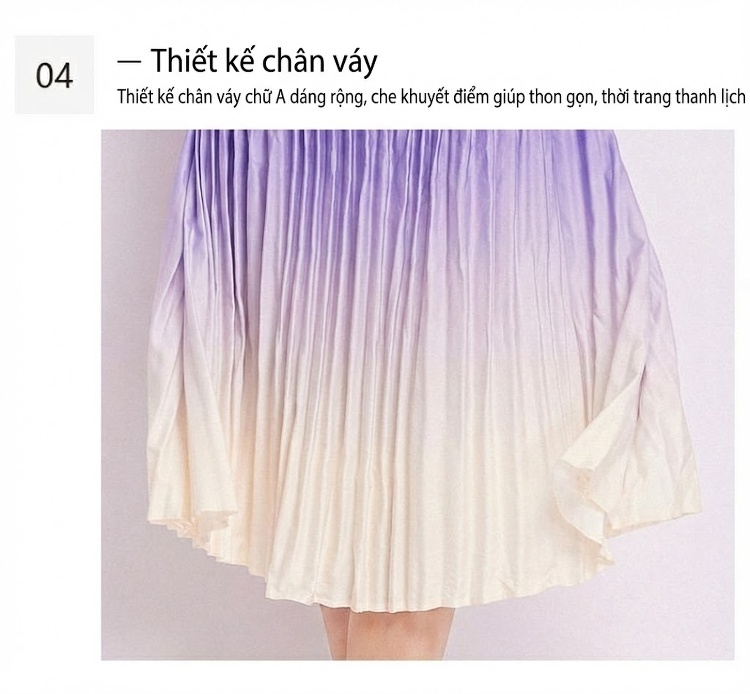 Váy liền thân Nữ Tay Ngắn Cổ Tròn Họa Tiết Ombre Xếp Ly Eo Thon Màu Tím, Trắng chi tiết 18