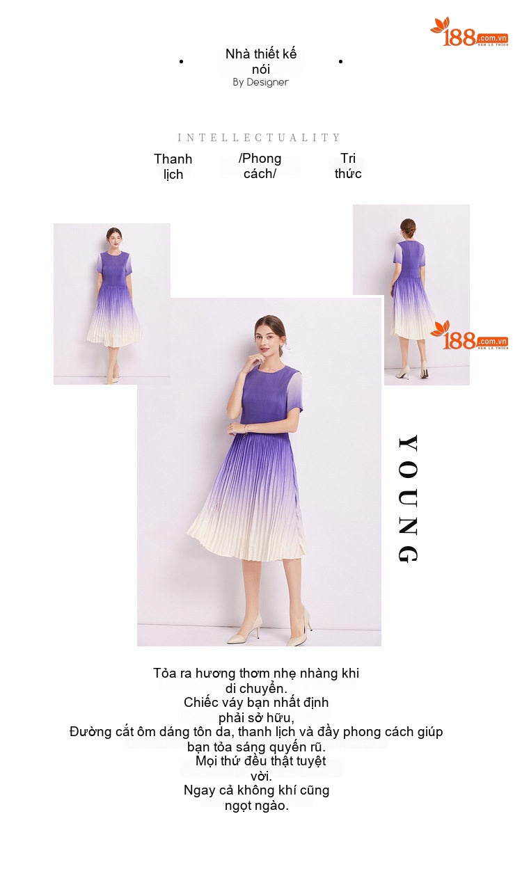 Váy liền thân Nữ Tay Ngắn Cổ Tròn Họa Tiết Ombre Xếp Ly Eo Thon Màu Tím, Trắng chi tiết 2