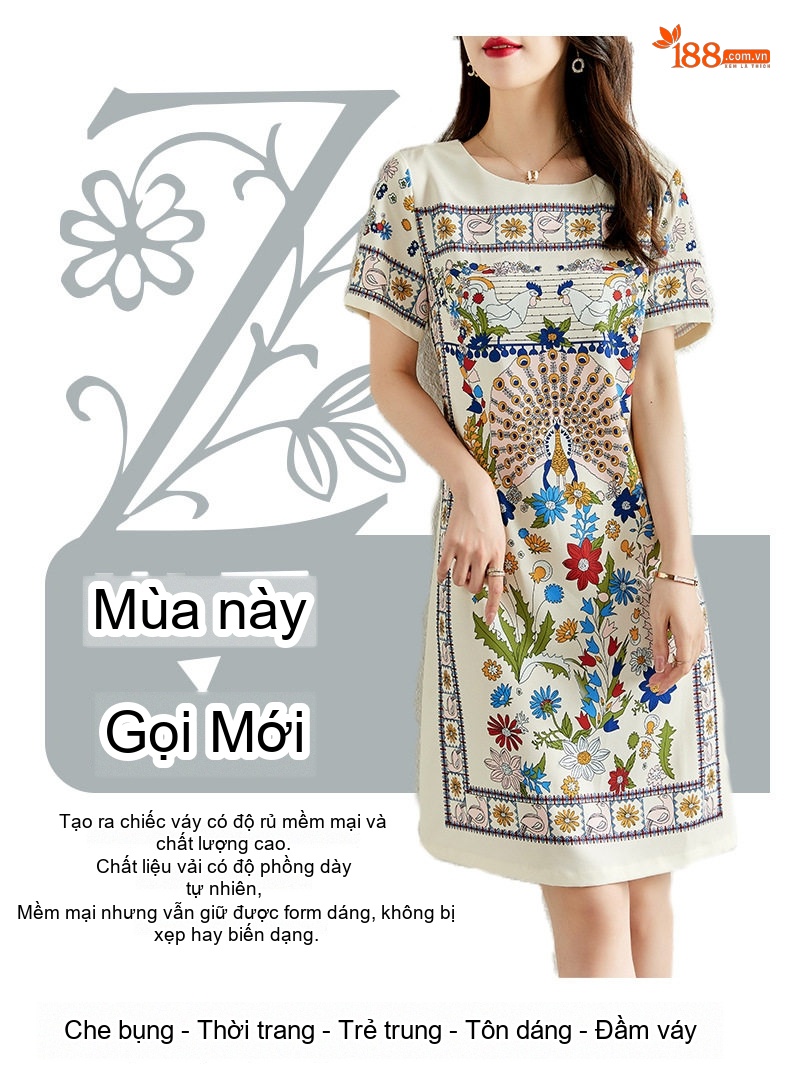 Váy liền thân Nữ Tay Ngắn Dáng Ôm In Họa Tiết Che Bụng Màu Trắng Kem, Xanh Dương, Đỏ, Vàng chi tiết 3