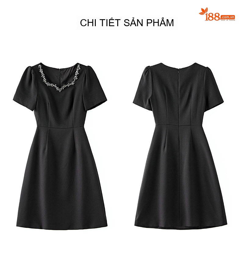Váy liền thân Nữ Tay Ngắn Đính Đá Eo Ôm Dáng Thanh Lịch Màu Đen, Trắng, Hồng chi tiết 20