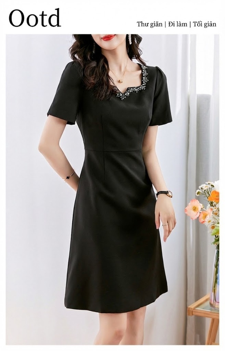 Váy liền thân Nữ Tay Ngắn Đính Đá Eo Ôm Dáng Thanh Lịch Màu Đen, Trắng, Hồng chi tiết 1