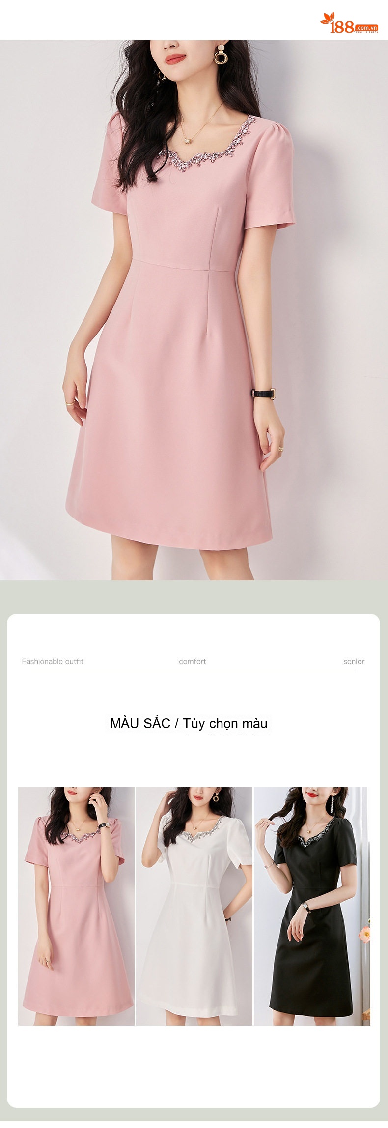 Váy liền thân Nữ Tay Ngắn Đính Đá Eo Ôm Dáng Thanh Lịch Màu Đen, Trắng, Hồng chi tiết 3