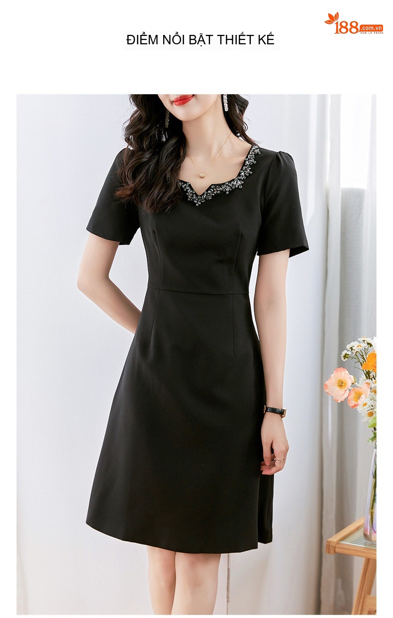 Váy liền thân Nữ Tay Ngắn Đính Đá Eo Ôm Dáng Thanh Lịch Màu Đen, Trắng, Hồng chi tiết 4