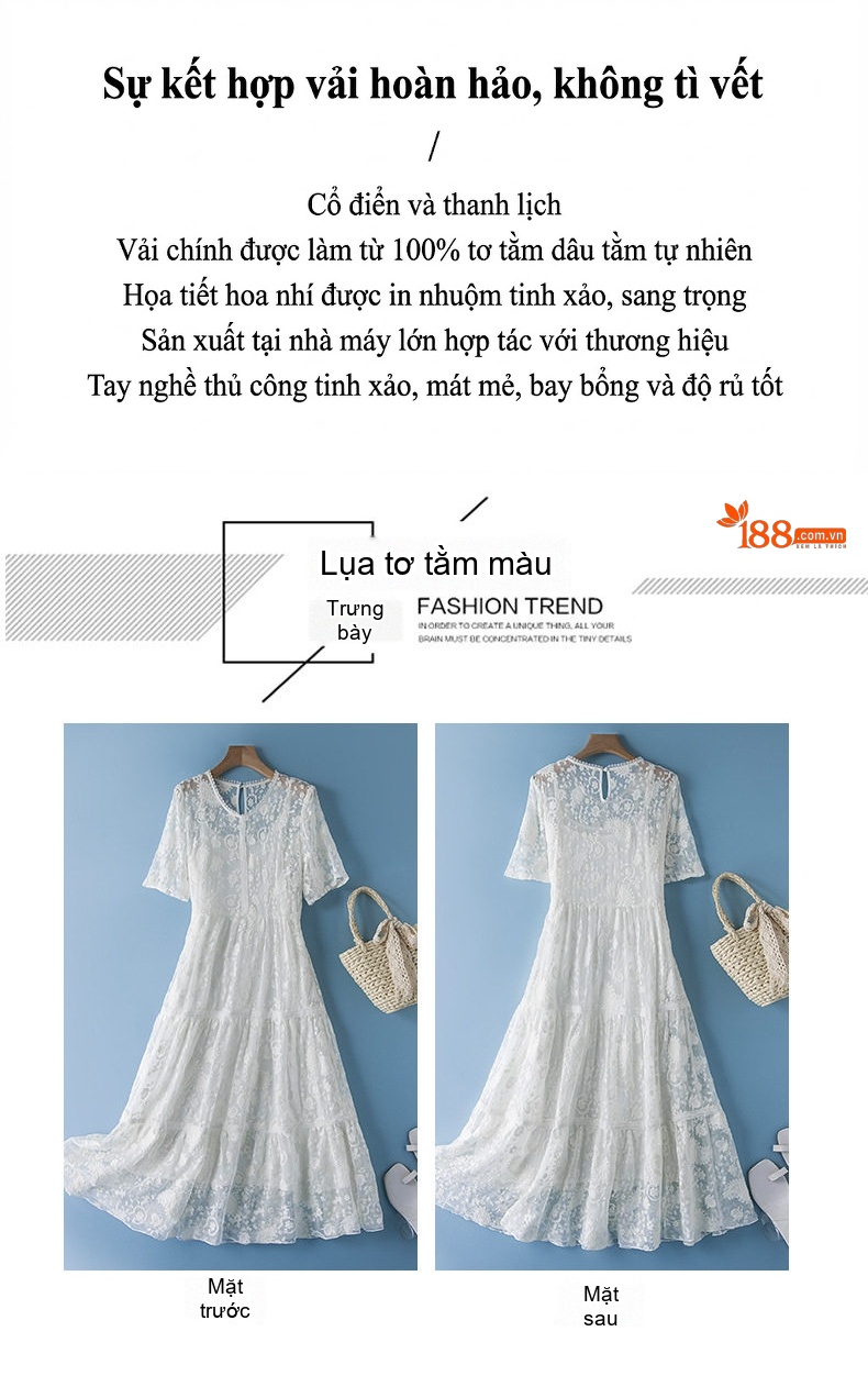 Váy Liền Thân Nữ Tay Ngắn Lụa Tằm Thượng Hạng Thiết Kế Quý Phái Màu Trắng chi tiết 2