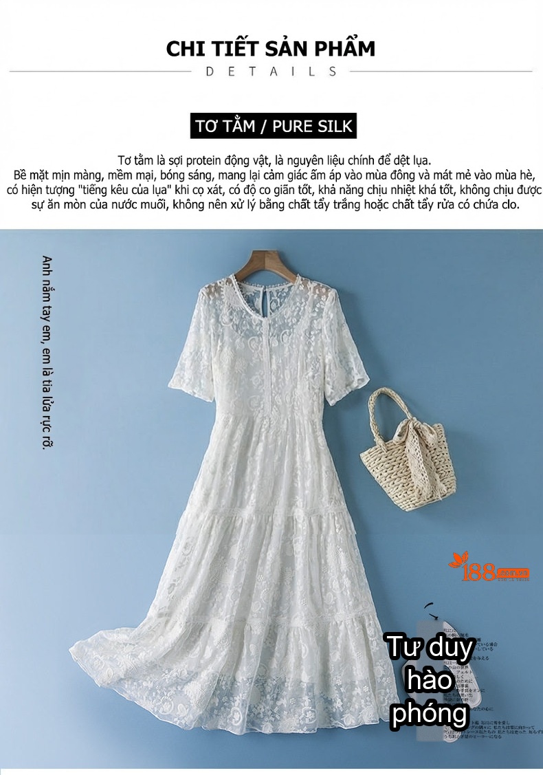 Váy Liền Thân Nữ Tay Ngắn Lụa Tằm Thượng Hạng Thiết Kế Quý Phái Màu Trắng chi tiết 5
