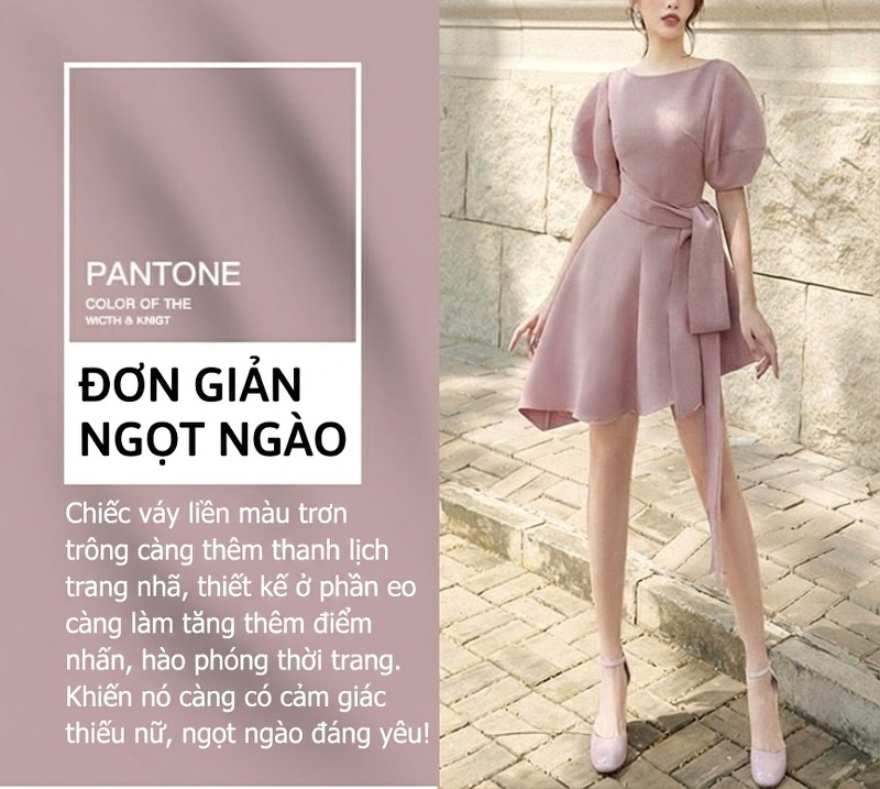 Váy liền thân Nữ Tay Phồng Cổ Tròn Dáng Ngắn Thắt Eo Màu Tím Hồng chi tiết 4