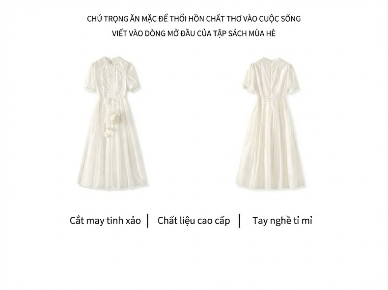 Váy liền thân Nữ Tencel dáng chữ A Cổ Điển Thiết Kế Hoa 3D Phong Cách Pháp Màu Trắng chi tiết 3