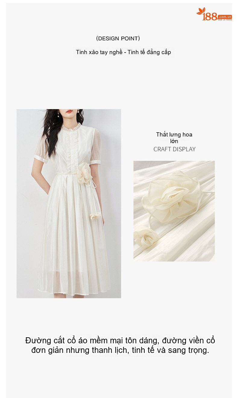 Váy liền thân Nữ Tencel dáng chữ A Cổ Điển Thiết Kế Hoa 3D Phong Cách Pháp Màu Trắng chi tiết 4