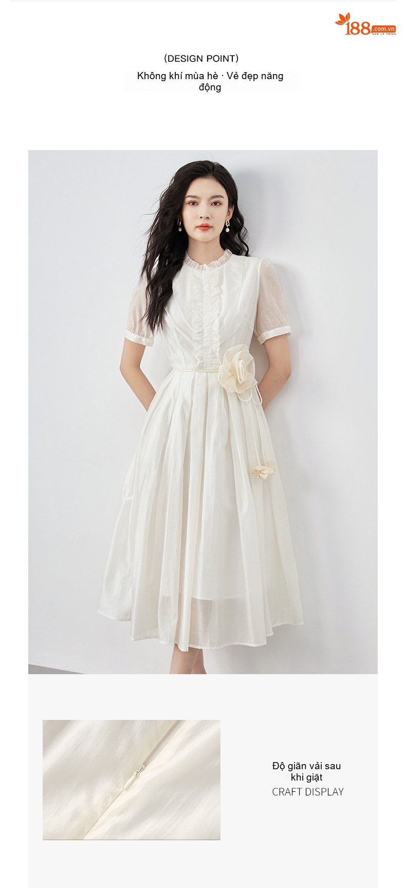 Váy liền thân Nữ Tencel dáng chữ A Cổ Điển Thiết Kế Hoa 3D Phong Cách Pháp Màu Trắng chi tiết 5
