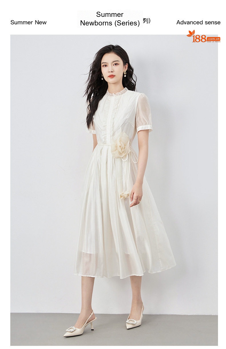 Váy liền thân Nữ Tencel dáng chữ A Cổ Điển Thiết Kế Hoa 3D Phong Cách Pháp Màu Trắng chi tiết 1