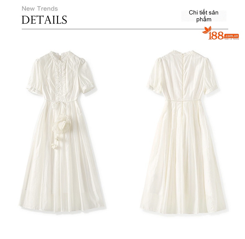 Váy liền thân Nữ Tencel dáng chữ A Cổ Điển Thiết Kế Hoa 3D Phong Cách Pháp Màu Trắng chi tiết 12