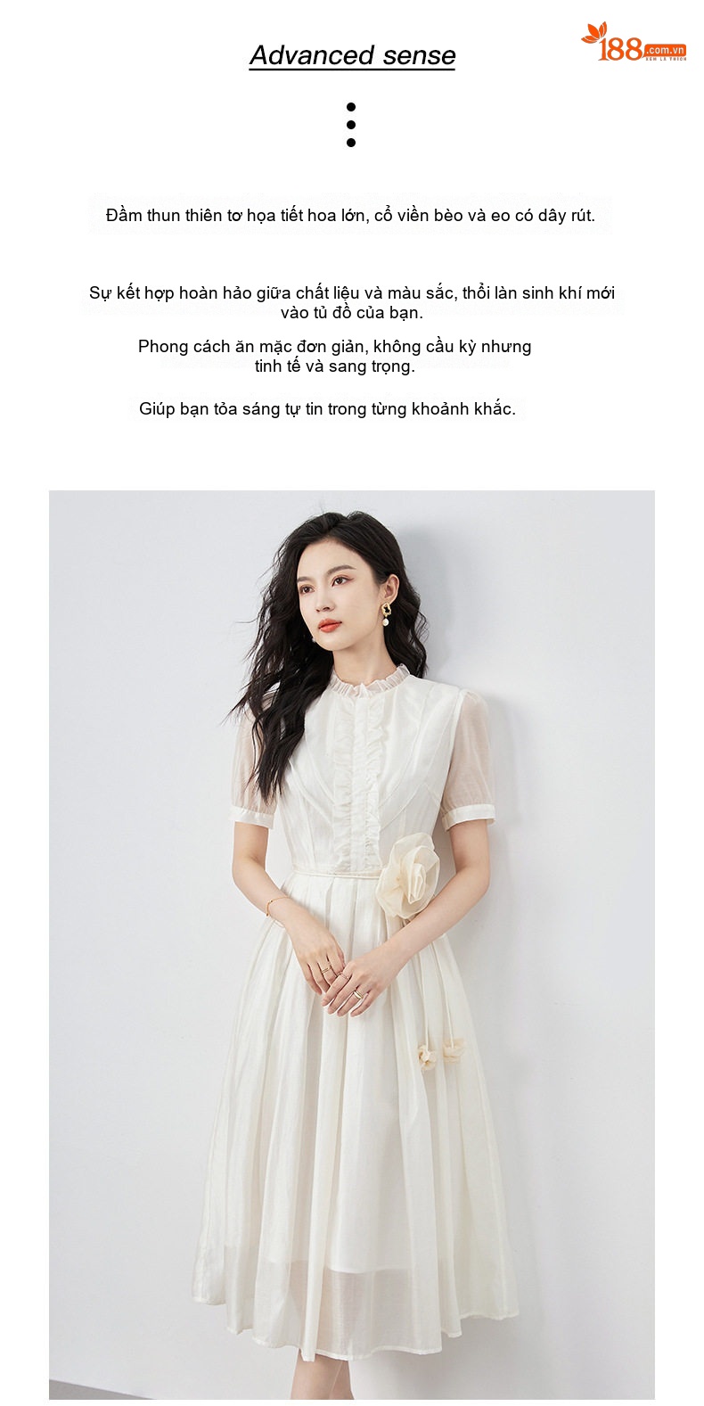 Váy liền thân Nữ Tencel dáng chữ A Cổ Điển Thiết Kế Hoa 3D Phong Cách Pháp Màu Trắng chi tiết 2