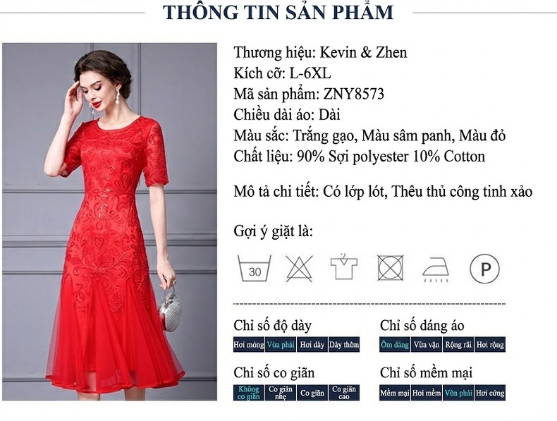 Váy liền thân Nữ Thêu Họa Tiết Lưới Chân Váy Chữ A Dáng Dài Màu Đỏ chi tiết 18