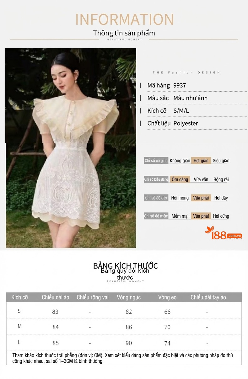 Váy liền thân Nữ Thêu Ren Cổ Bèo Tay Bồng Phong Cách Pháp Màu Trắng Kem chi tiết 1