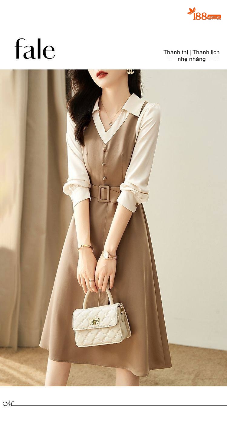 Váy Liền Thân Nữ Thiết Kế Giả Hai Lớp dáng chữ A Chiết Eo Thanh Lịch Màu Nâu, Trắng Kem chi tiết 1