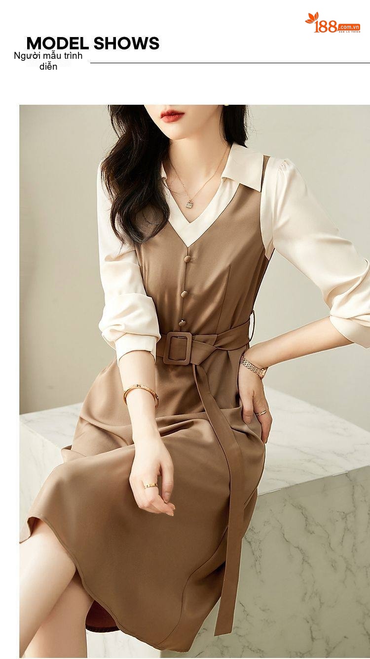 Váy Liền Thân Nữ Thiết Kế Giả Hai Lớp dáng chữ A Chiết Eo Thanh Lịch Màu Nâu, Trắng Kem chi tiết 4